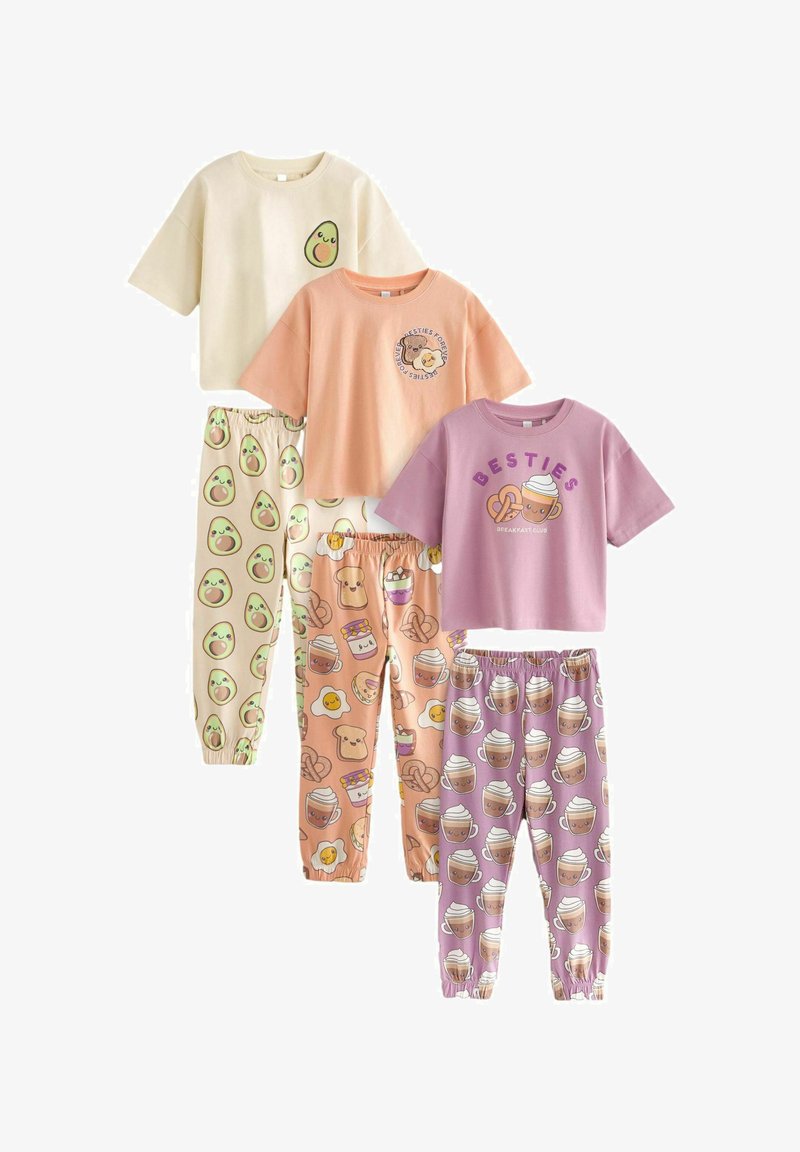 Cotton loungewear set with four T-shirts and pants. Colors include cream, peach, light purple, and pastel patterns featuring avocados and desserts.