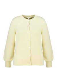 Geel gebreid vest met een ronde hals, vijf knopen en pofmouwen. Geribbelde zoom en manchetten met een zachte textuur.