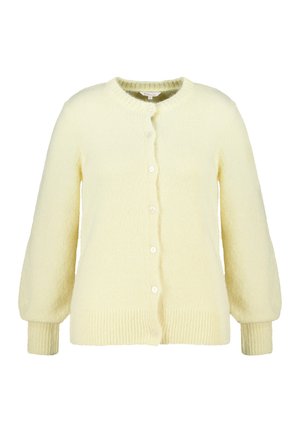Geel gebreid vest met een ronde hals, vijf knopen en pofmouwen. Geribbelde zoom en manchetten met een zachte textuur.