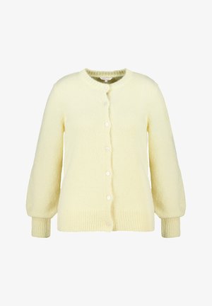 Cardigan jaune en maille avec un col rond, cinq boutons et des manches bouffantes. Ourlet et poignets côtelés avec une texture douce.