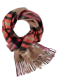 Brown and orange plaid scarf featuring fringe edges, made of soft material with a varied texture and a mix of solid and check patterns.