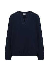 Blouse bleu marine à manches longues avec ourlet élastique et fente au niveau de l'encolure, présentant un détail subtil de coutures bleues autour du col en V.
