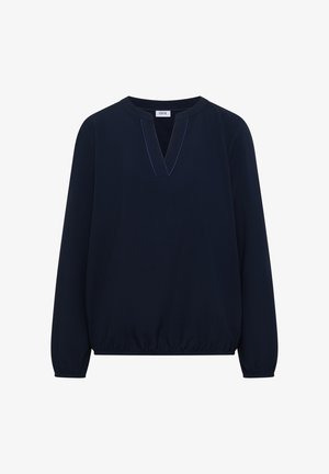 Marineblauwe blouse met lange mouwen, elastische zoom en een split in de halslijn, voorzien van subtiele blauwe stikseldetails rondom de V-hals.