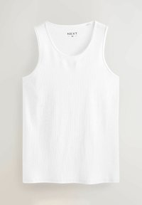 White cotton tank top with a round neckline and wide shoulder straps. Features ribbed texture and an embroidered label in the center.