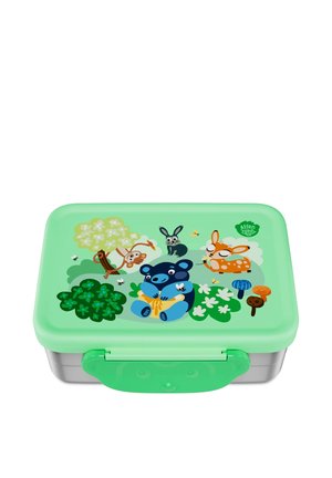 Green lunchbox with clasp, decorated with cartoon forest animals including a bear, deer, rabbit, monkey, butterflies, and mushrooms.