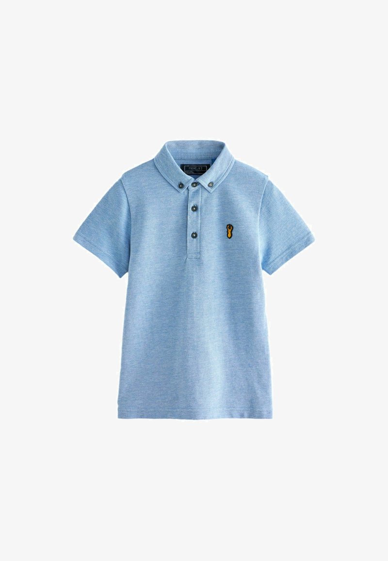 Svetlomodrá pólová košeľa s krátkym rukávom z textúrovaného úpletu, s trojítkovou gombíkovou légou a vyšívaným detailom na hrudi.
