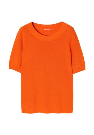 Short-sleeve, crew-neck sweater in bright orange, made of knit fabric with ribbed accents on the collar and sleeves. Smooth texture.