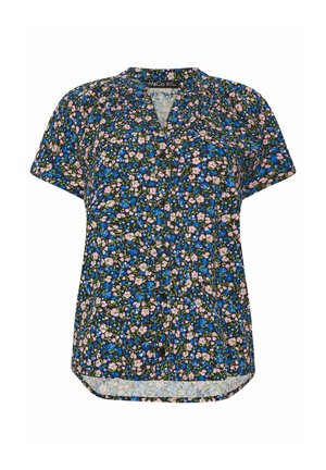 Camicia a maniche corte con bottoni e scollo a V, con un motivo floreale fitto in blu, rosa e verde su sfondo nero.