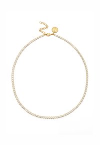 Collana in tono oro che presenta un filo di gemme circolari trasparenti, chiusa con un gancio a moschettone e una catena regolabile.
