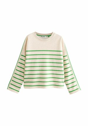 Pull beige à manches longues avec des rayures horizontales vertes sur le corps et les manches, et un col rond.