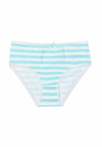 Mutandine in cotone a righe blu chiaro e bianche, con un bordo in pizzo e un piccolo fiocco decorativo sulla parte anteriore della vita.