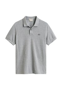 Light grey short-sleeve polo shirt with collar, two-button placket, and small embroidered shield logo on the left chest.
