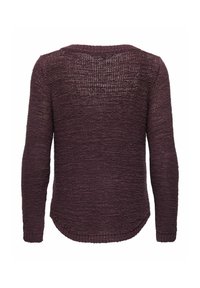 Pull en maille violet foncé à manches longues avec ourlet arrondi, vu de dos sur fond blanc.