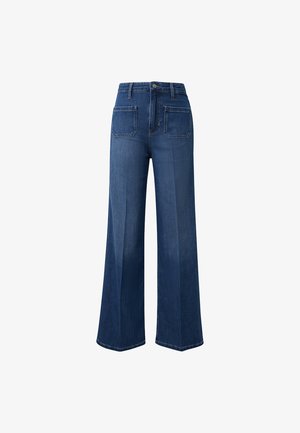 High-waist, weit geschnittene blaue Jeans mit aufgesetzten Taschen vorne und Knopfverschluss, flach auf weißem Hintergrund dargestellt.