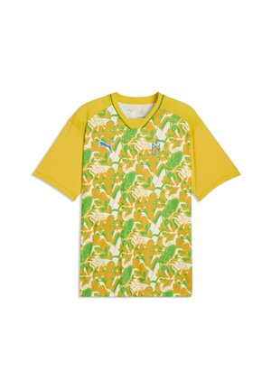 Maillot de sport jaune à manches courtes avec motif floral vert, blanc et orange sur le devant, logo Puma bleu et emblème « N » sur la poitrine.
