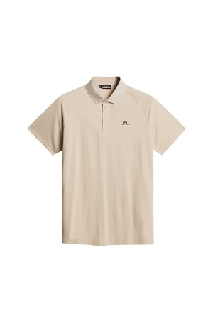 Beige polo shirt med korte raglanærmer, klassisk krave og et lille sort logo på venstre bryst. Fremstillet af glat, let stof.