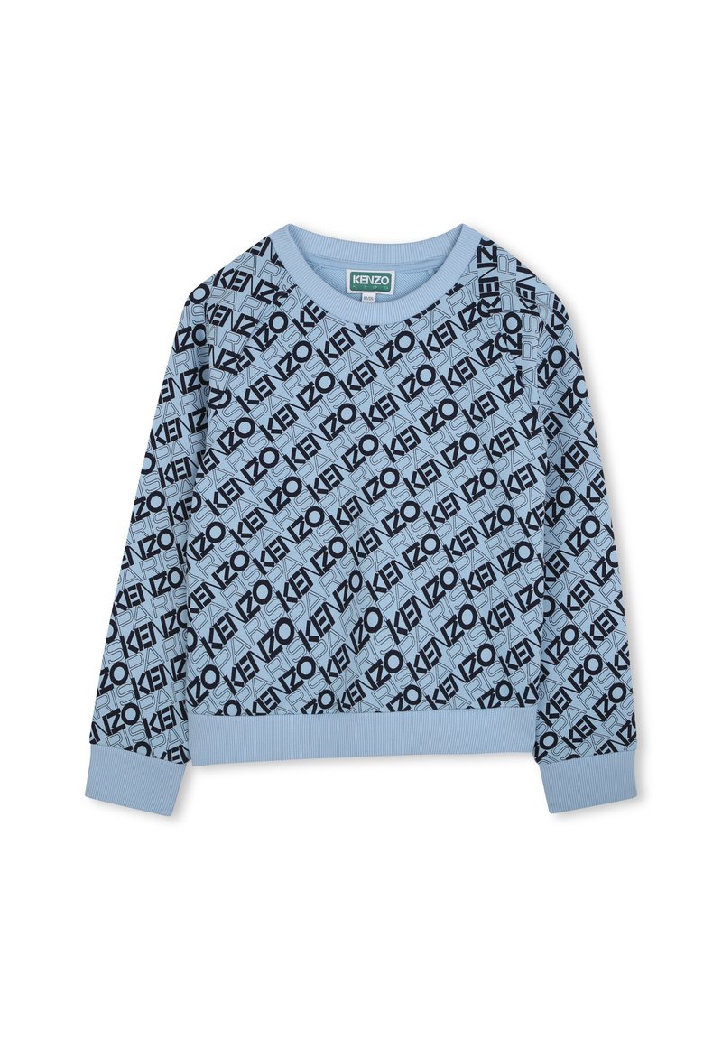 Sweatshirt bleu clair avec un motif de logo noir sur tout le vêtement, des poignets côtelés et un col rond. Matériau doux avec une coupe décontractée.