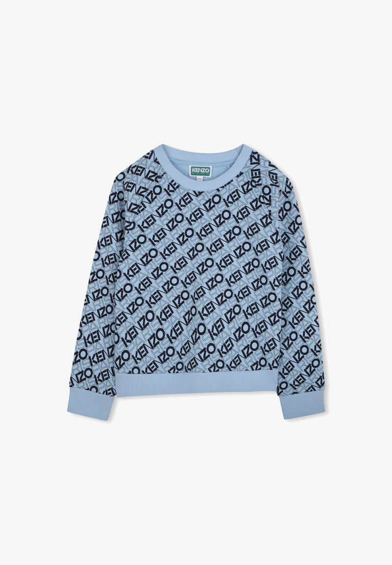 Sweatshirt bleu clair avec un motif de logo noir sur tout le vêtement, des poignets côtelés et un col rond. Matériau doux avec une coupe décontractée.