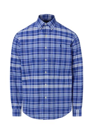 Chemise à manches longues à carreaux bleu et blanc, boutonnée, avec col et petit logo brodé sur la poitrine gauche.