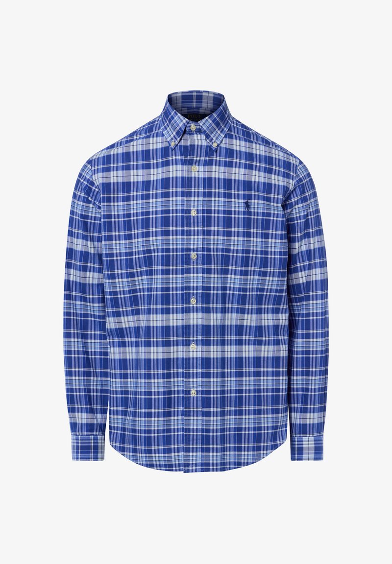 Chemise à manches longues à carreaux bleu et blanc, boutonnée, avec col et petit logo brodé sur la poitrine gauche.