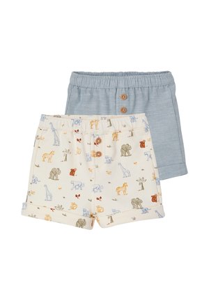 Two pairs of toddler shorts, one light blue with buttons, one cream with multicolored animal prints and buttons on elastic waistbands.