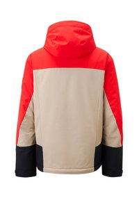 Kapuzenshirt mit roten oberen Bereichen, beigem Mittelteil und schwarzen unteren Akzenten. Strukturiertes Material, lockerer Schnitt und keine sichtbaren Hardware-Elemente.