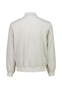 Leichte beige Bomberjacke mit schlichter Textur, geripptem Kragen und Ärmelbündchen, gerafft am Saum und entspannter Passform. Rückansicht gezeigt.