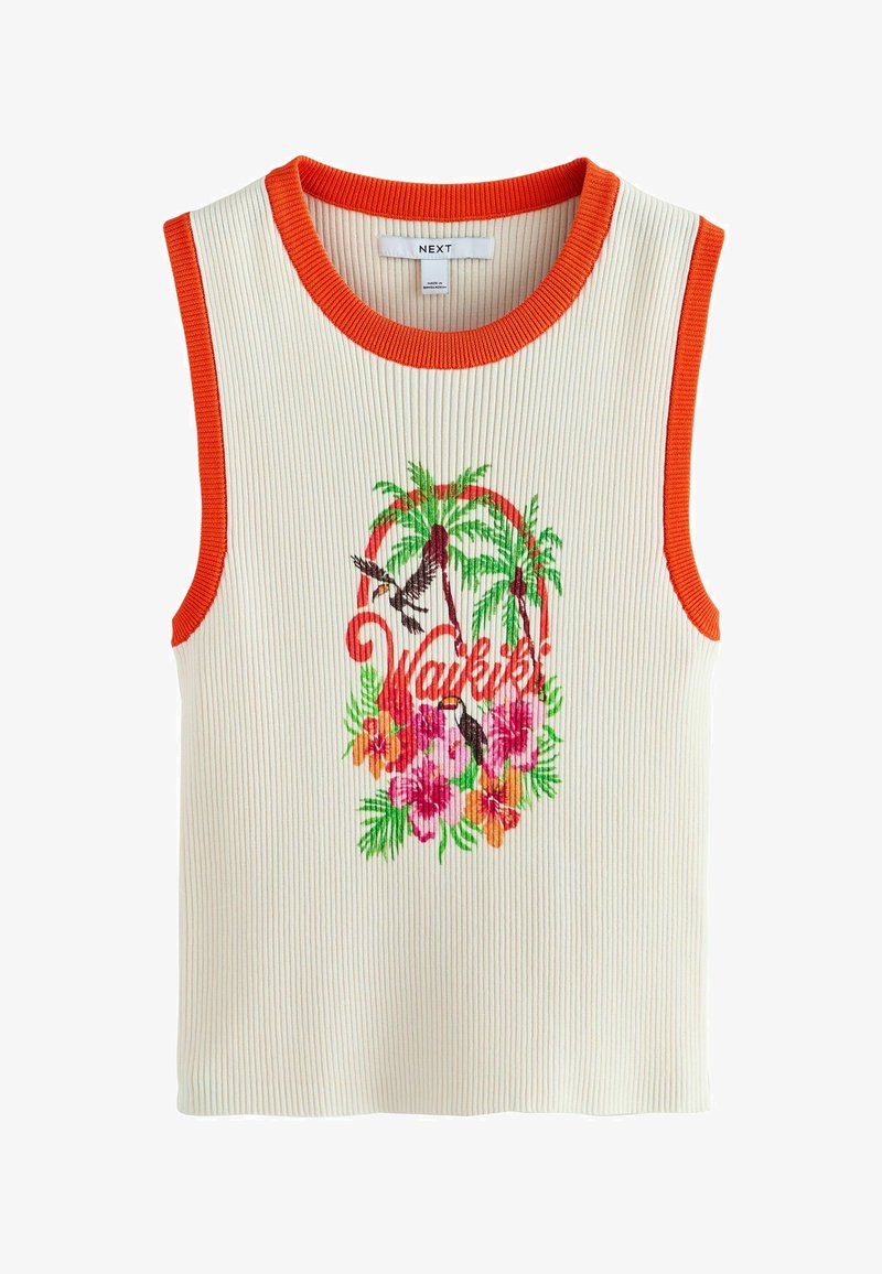 Haut crème sans manches en maille côtelée avec bordure orange, présentant un imprimé tropical de palmiers, fleurs, oiseaux et le mot « Waikiki » en écriture rouge.