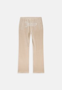 Fluwelen beige joggers met een rechte pijp. Bevat "Juicy" in rhinestones op de achterkant. Elastische tailleband voor comfort.