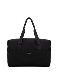 Sac de sport noir en matériau durable, avec des poignées supérieures robustes et une fermeture éclair. Design simple avec un accent logo à l'avant.