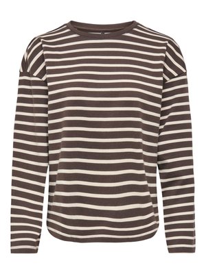 Langermet skjorte med horisontale mørkebrune og hvite striper, rund hals og lett løs passform.