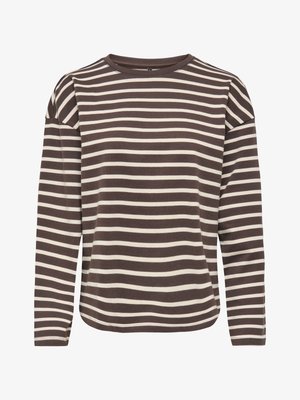 Langermet skjorte med horisontale mørkebrune og hvite striper, rund hals og lett løs passform.