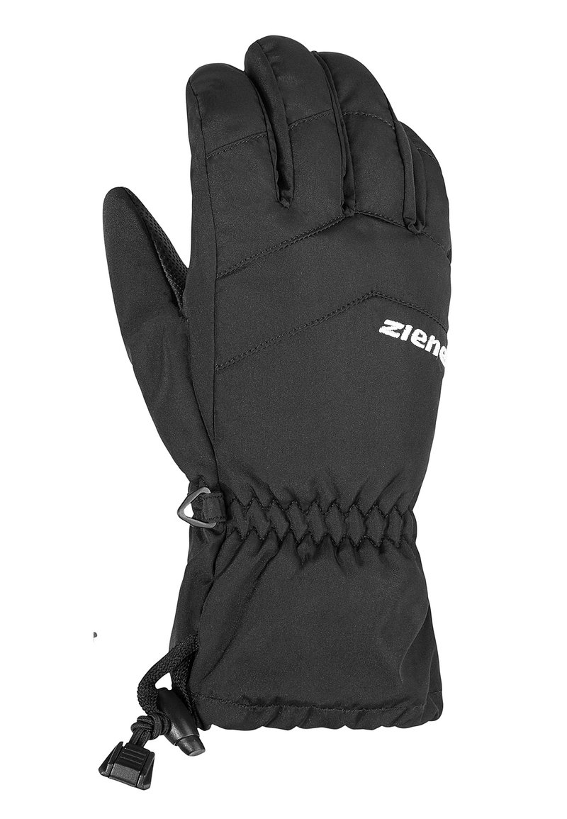 Gant noir isolant avec un design matelassé, poignet resserré et cordon ajustable. Présente un logo blanc au dos.