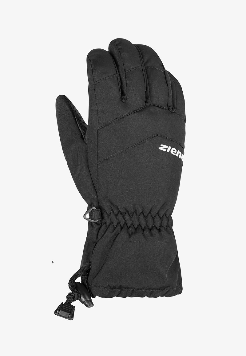 Gant noir isolant avec un design matelassé, poignet resserré et cordon ajustable. Présente un logo blanc au dos.