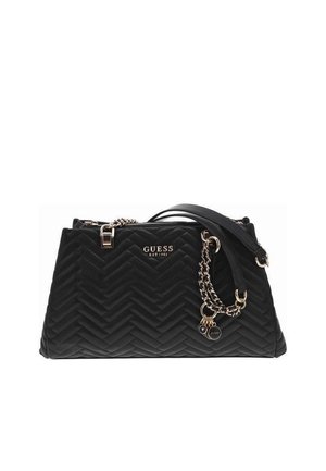 Borsa a tracolla nera trapuntata con motivo a spina di pesce, hardware dorato, manici doppi e tracolla a catena removibile, con una placca con il logo.