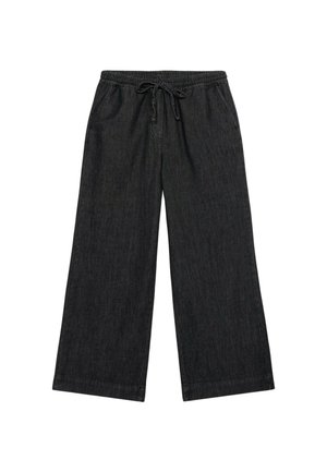 Zwarte wijde broek gemaakt van zachte denim, met een elastische tailleband met trekkoord en zijzakken. Glad, textuur vakstof.