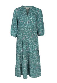 Grünes floral bedrucktes Kleid mit V-Ausschnitt, Dreiviertelärmel und gestuftem Schnitt. Hergestellt aus leichtem Stoff mit weicher Textur.