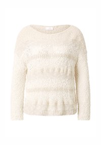 Kermanvärinen neulepaita, jossa pitkät hihat ja vaihtelevia tekstuureja sekä kuvioita. Pyöreä pääntie ja resorireunus helmassa.