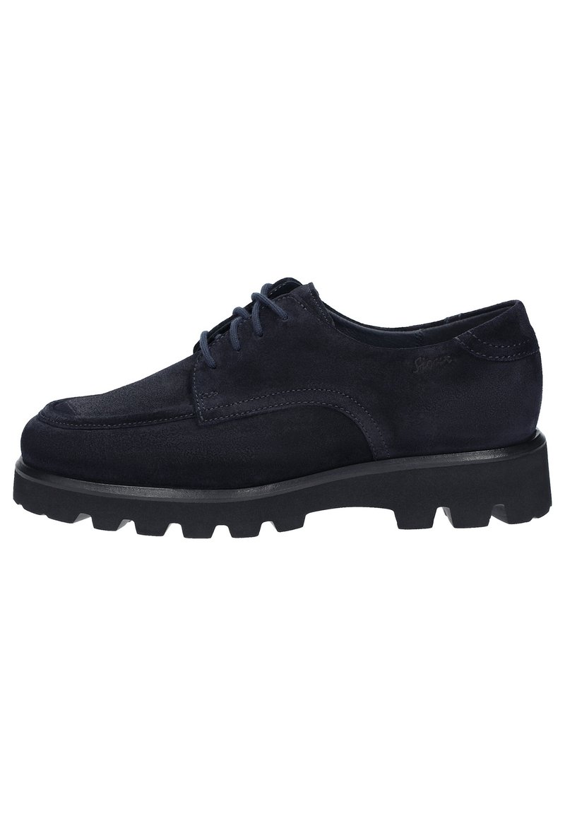 Navy blue suede shoes with a low profile, round toe, lace-up design, and chunky rubber sole featuring deep tread for traction.