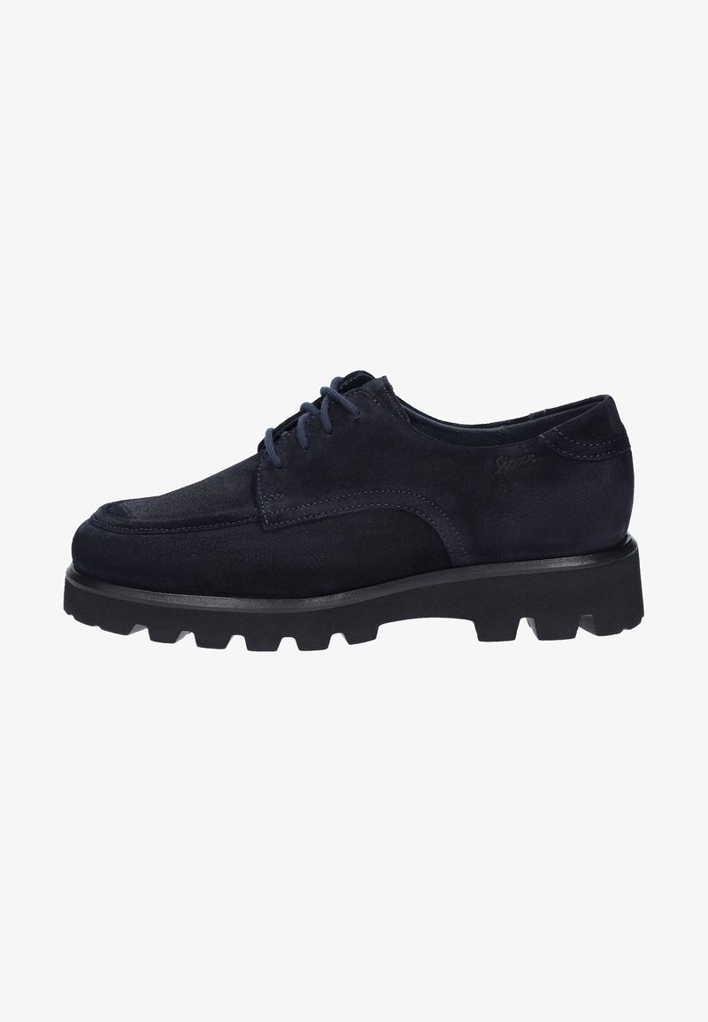 Navy blue suede shoes with a low profile, round toe, lace-up design, and chunky rubber sole featuring deep tread for traction.