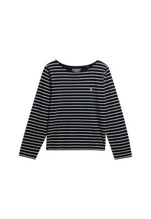 Chemise à manches longues rayée noir et blanc avec un large col et un petit logo sur la poitrine gauche. Fabriquée en tissu doux.