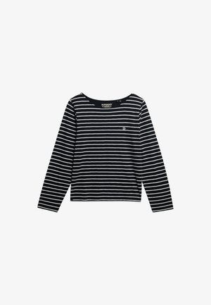 Sort og hvid stribede langærmede skjorte med vid halsudskæring og et lille logo på venstre bryst. Lavet af et blødt stof.