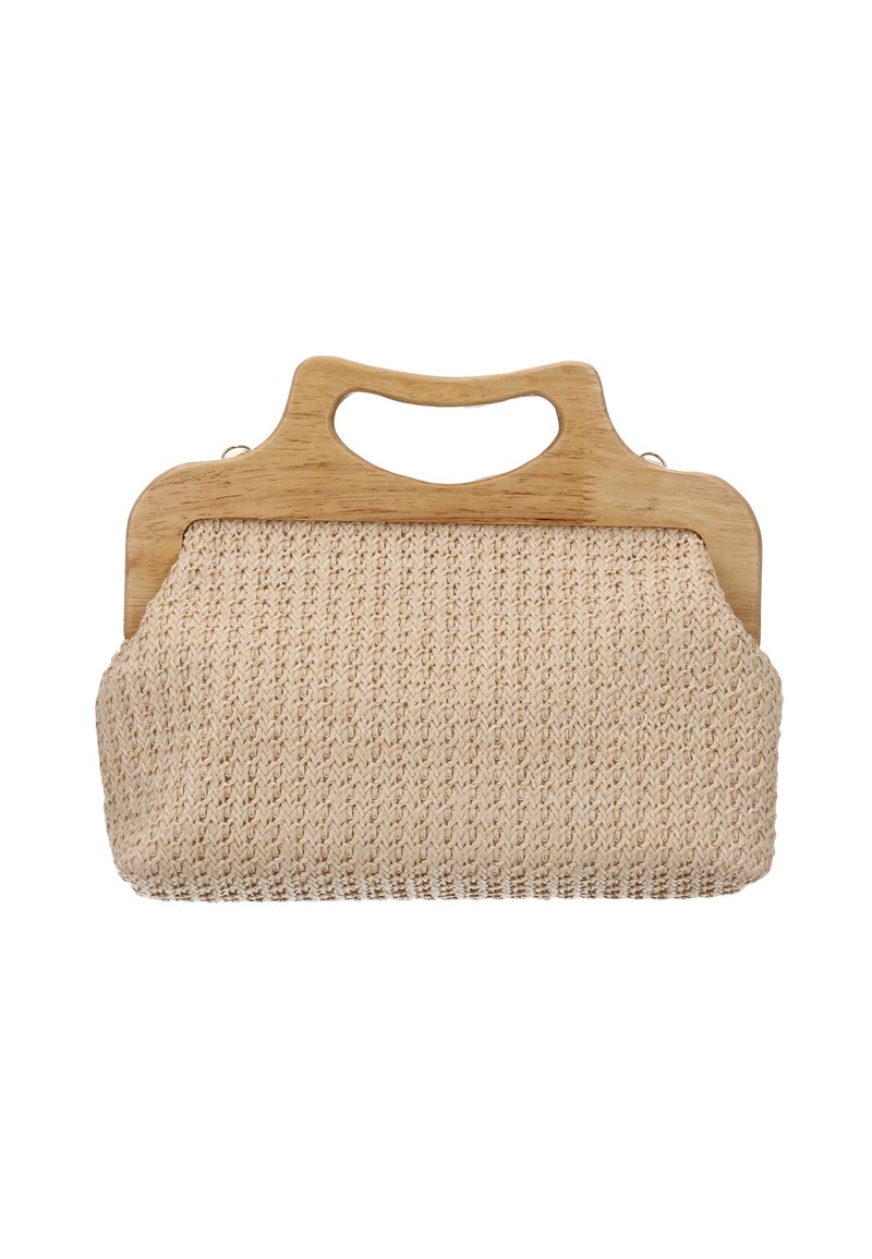 Bolso tejido beige con asa de madera curva y forma rectangular, aislado sobre fondo blanco.