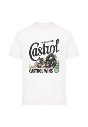 White cotton t-shirt featuring a large black "Castrol" logo, illustrations of motorcycles, and the text "Castrol Wins" in bold lettering.