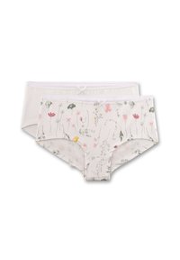 Twee meisjesonderbroeken, één eenvoudig wit en één wit met een delicaat bloemenpatroon, beide met kleine strikjes aan de voorkant.