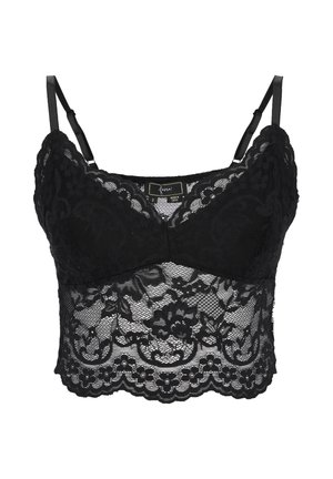 Czarny koronkowy biustonosz braletka z regulowanymi ramiączkami, kwiatowymi wzorami, falistymi krawędziami i przezroczystą siateczkową taśmą pod biustem.