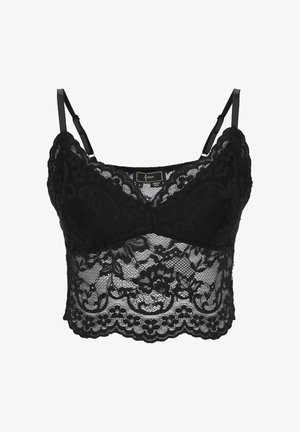 Fekete csipke bralette állítható vállpántokkal, virágmintákkal, fodros széllel és áttetsző hálós pánttal a mell alatt.