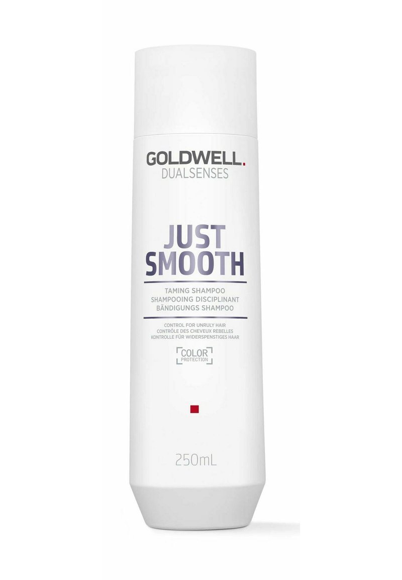 Goldwell Dualsenses Just Smooth shampoo bottle, white plastic, 250ml, features printed text, angled base, and a smooth, rounded top.