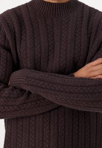Pull en maille marron foncé présentant un motif en câble texturé, un col rond côtelé et des manches longues avec un tissu épais et doux.