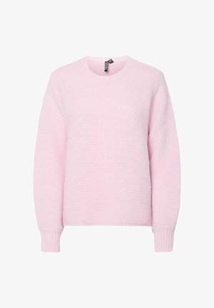 Šviesiai rožinis megztinis su apvalia iškirpte, ribbinguotais rankogaliais ir tekstūruota medžiaga. Paprastas dizainas, laisvas kirpimas, vidutinio storio.